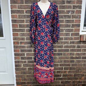 Faithfull The Brand Red Blue Floral Atlas Dress Size 6 Wrap Tassels Boho Western